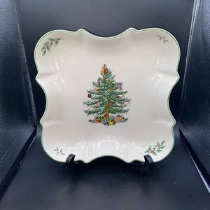 Spode Christmas Tree Square Serving Platter Scalloped Edge Holiday Dish England